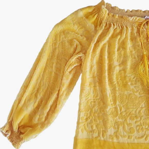 SUNDANCE Gold Floral Velvet/Silk Blend Burnout Ruffle Notch Neck Tunic Women's S - Picture 7 of 11